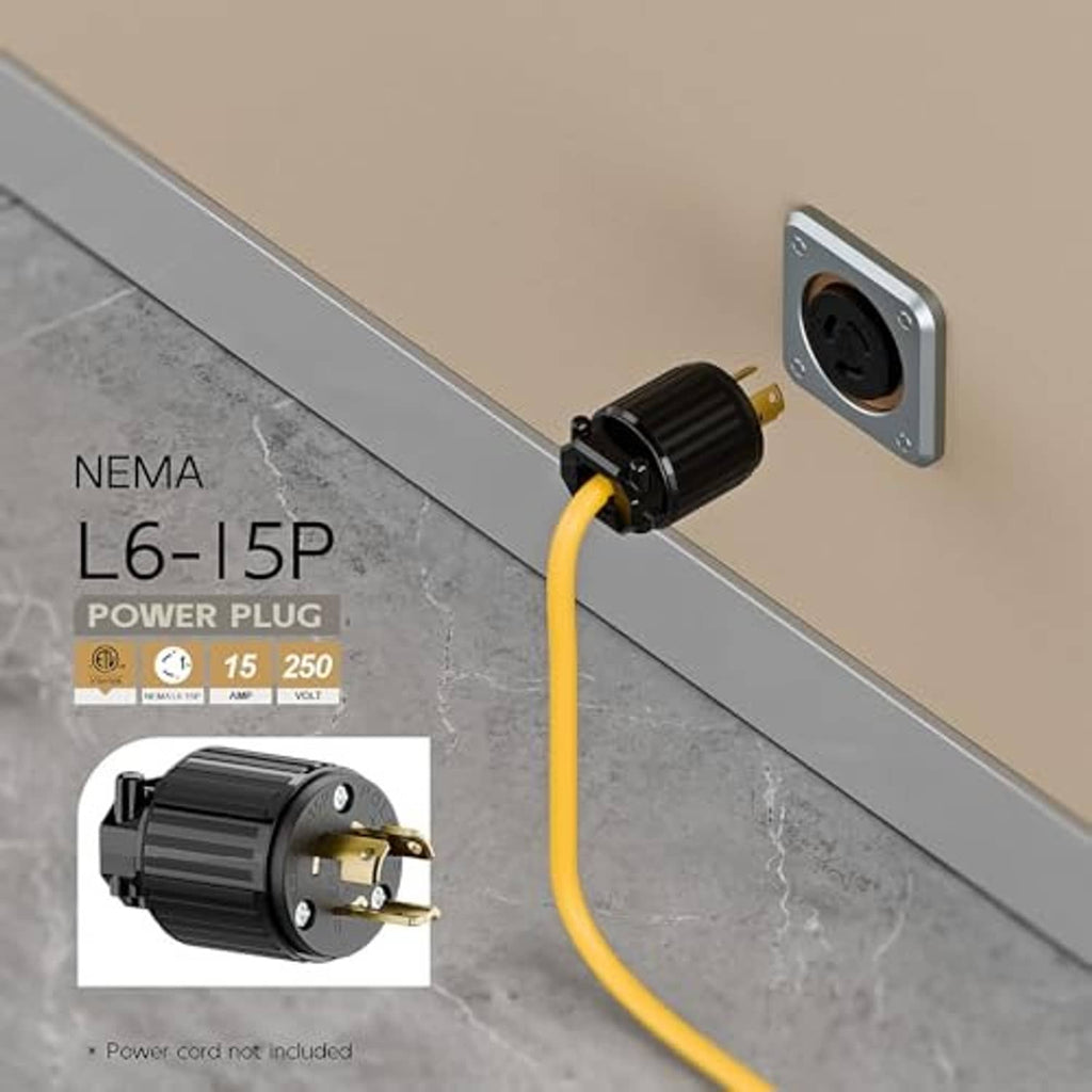 Black twist-lock power plug on yellow cord near wall-mounted socket plate.