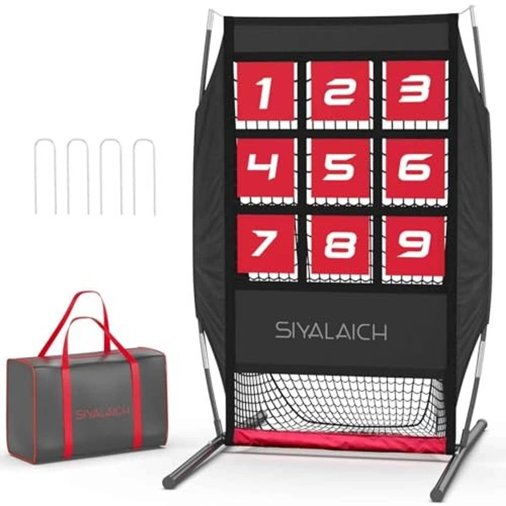 Pitching target net with red-and-black numbered scoring squares and lower ball-catching net