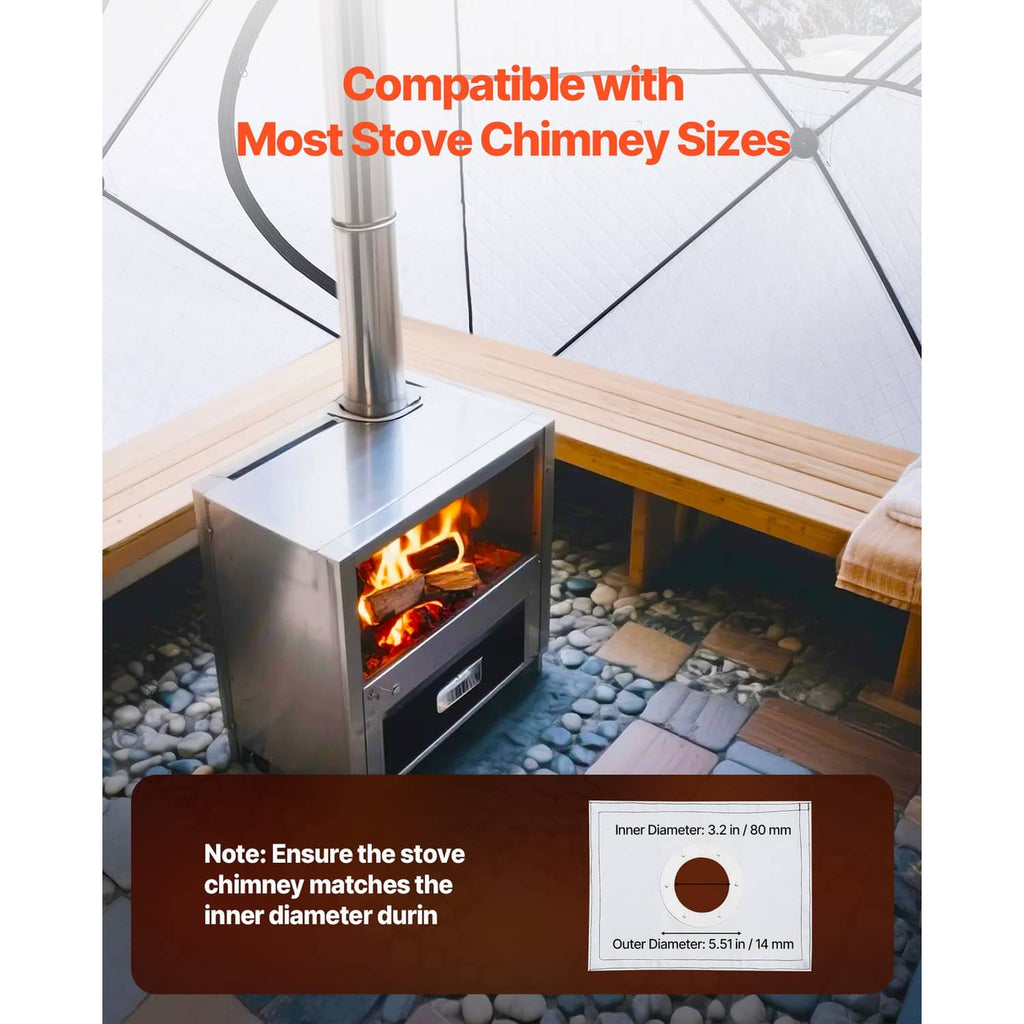 Black sauna tent with stove chimney opening and inner firebox view