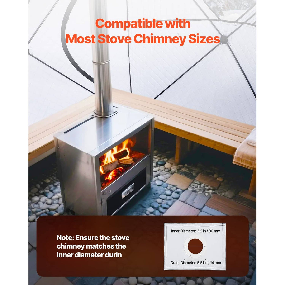 Black sauna tent with stove chimney opening and inner firebox view