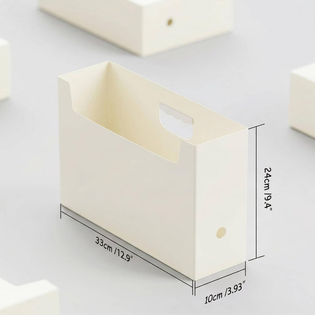 Light yellow paper storage organizer with front cutout handle and stacked compartment panels