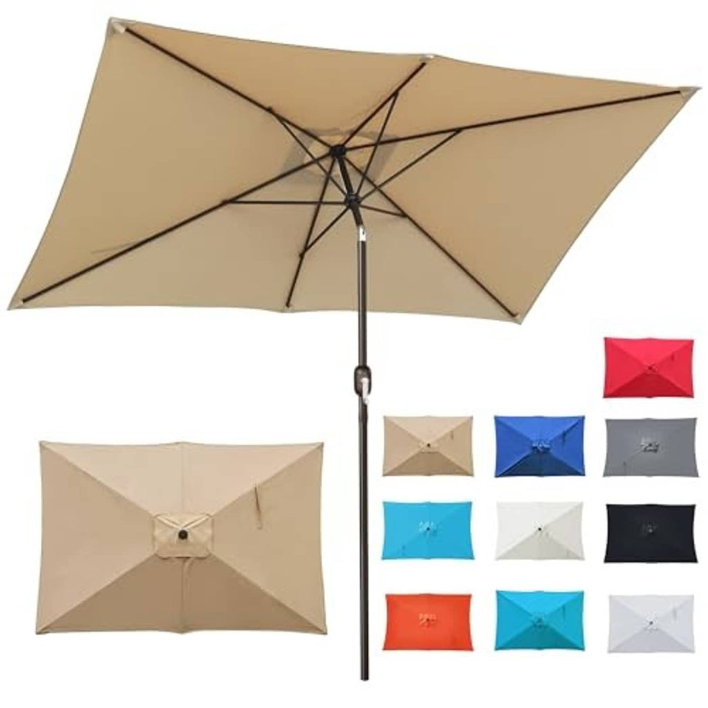 Tan rectangular patio umbrella canopy with black ribs and tall center tilt pole