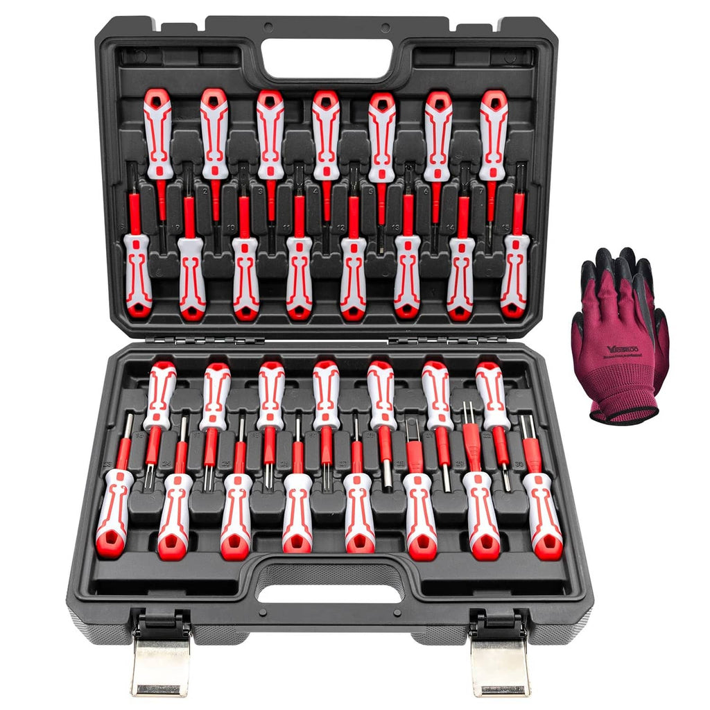 Universal terminal removal tool kit with red and gray pullers in a black storage case