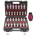 Universal terminal removal tool kit with red and gray pullers in a black storage case