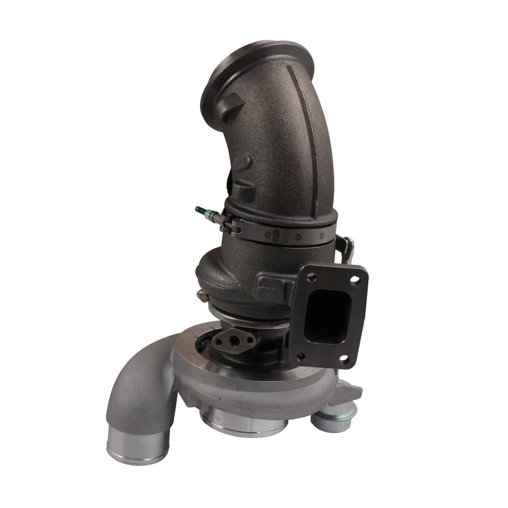 Turbocharger assembly with intake and exhaust housing, metal flange and pipes