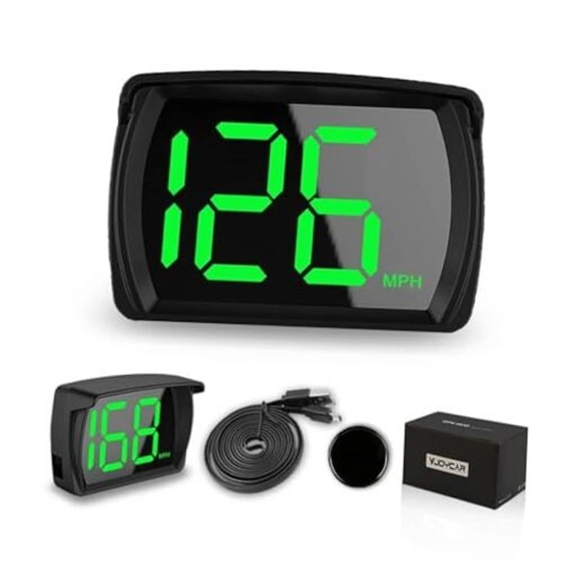 Black GPS HUD digital speedometer with bright green MPH digits on display