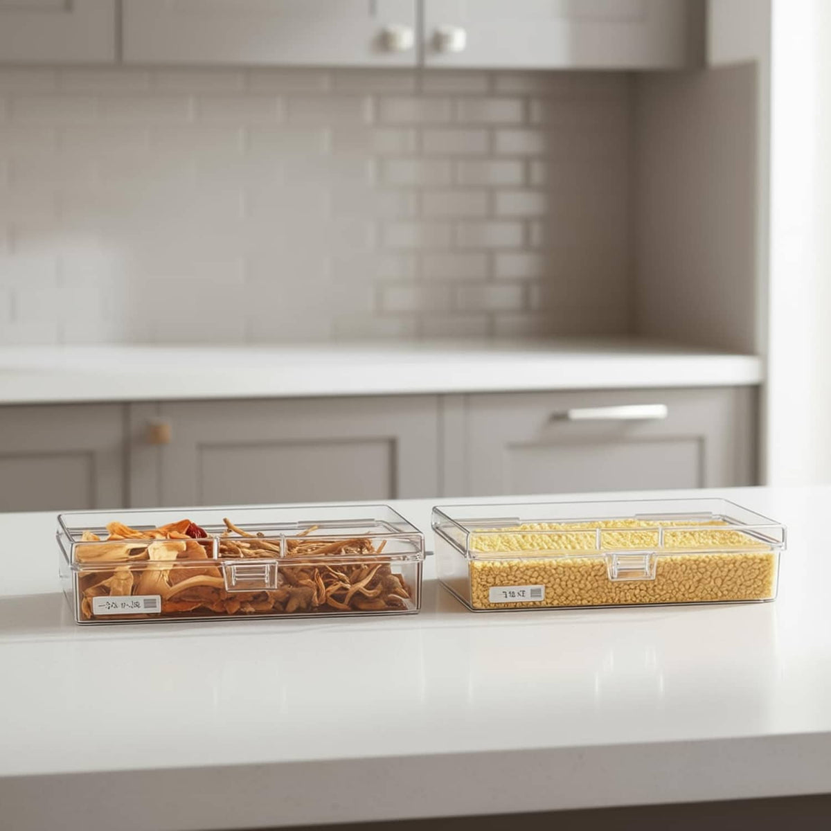 Clear rectangular storage boxes with snap lids, filled with craft supplies on shelf