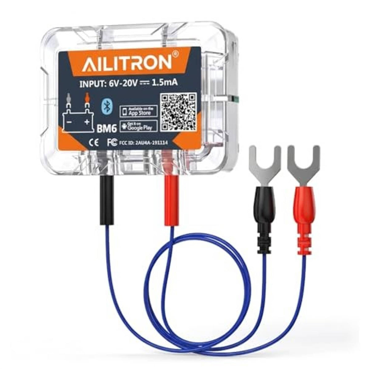 Bluetooth 12V battery monitor with clear case and red/black and blue leads with clips