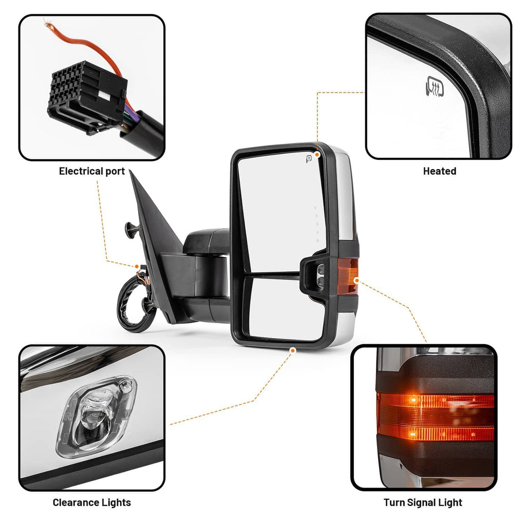 Heated towing mirrors pair with wiring port and close-up of heated mirror feature