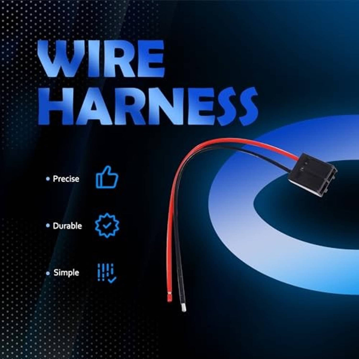 Wiring harness connector with red and black wires and rectangular plug end