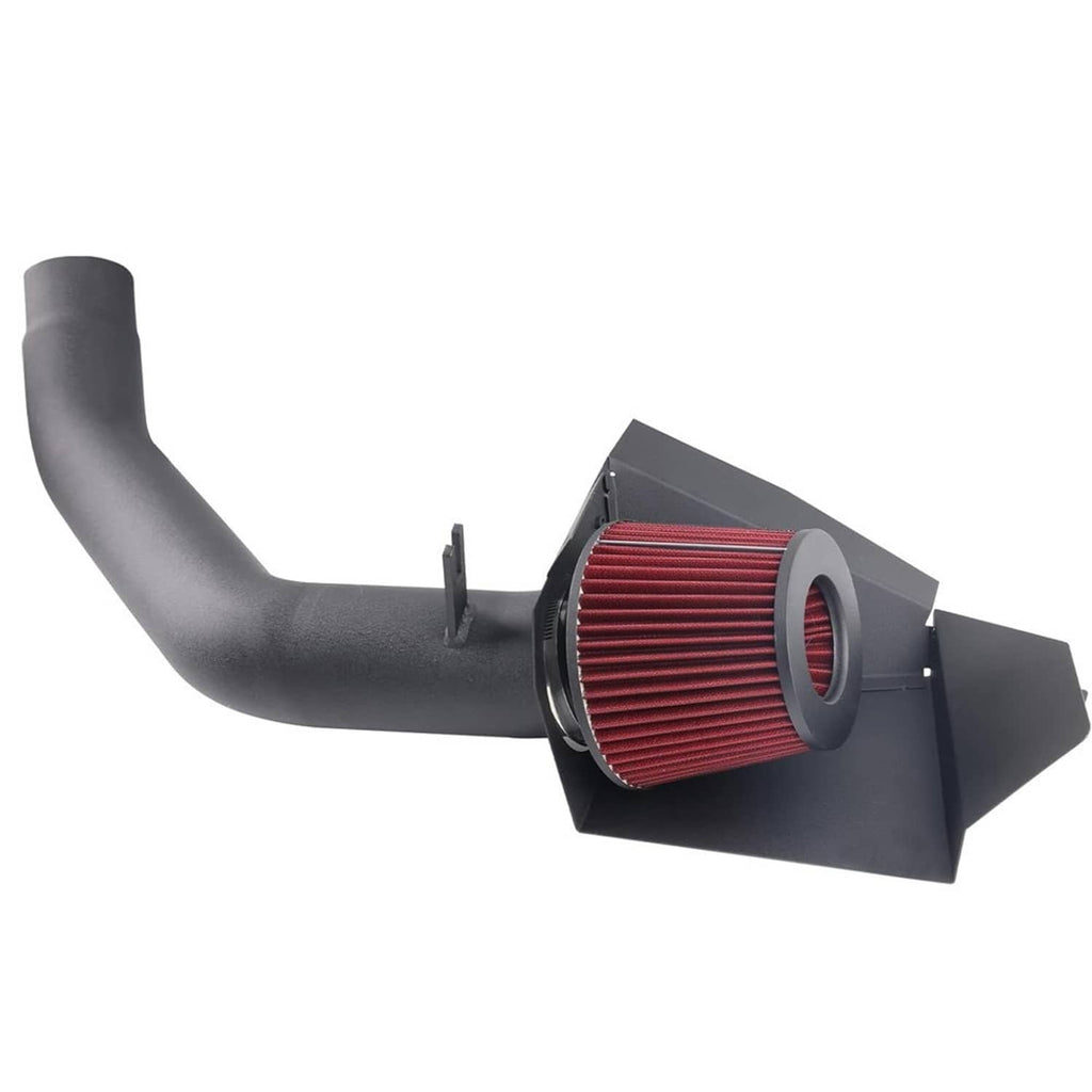 Cold air intake airbox and black intake tube with red panel filter, front angle