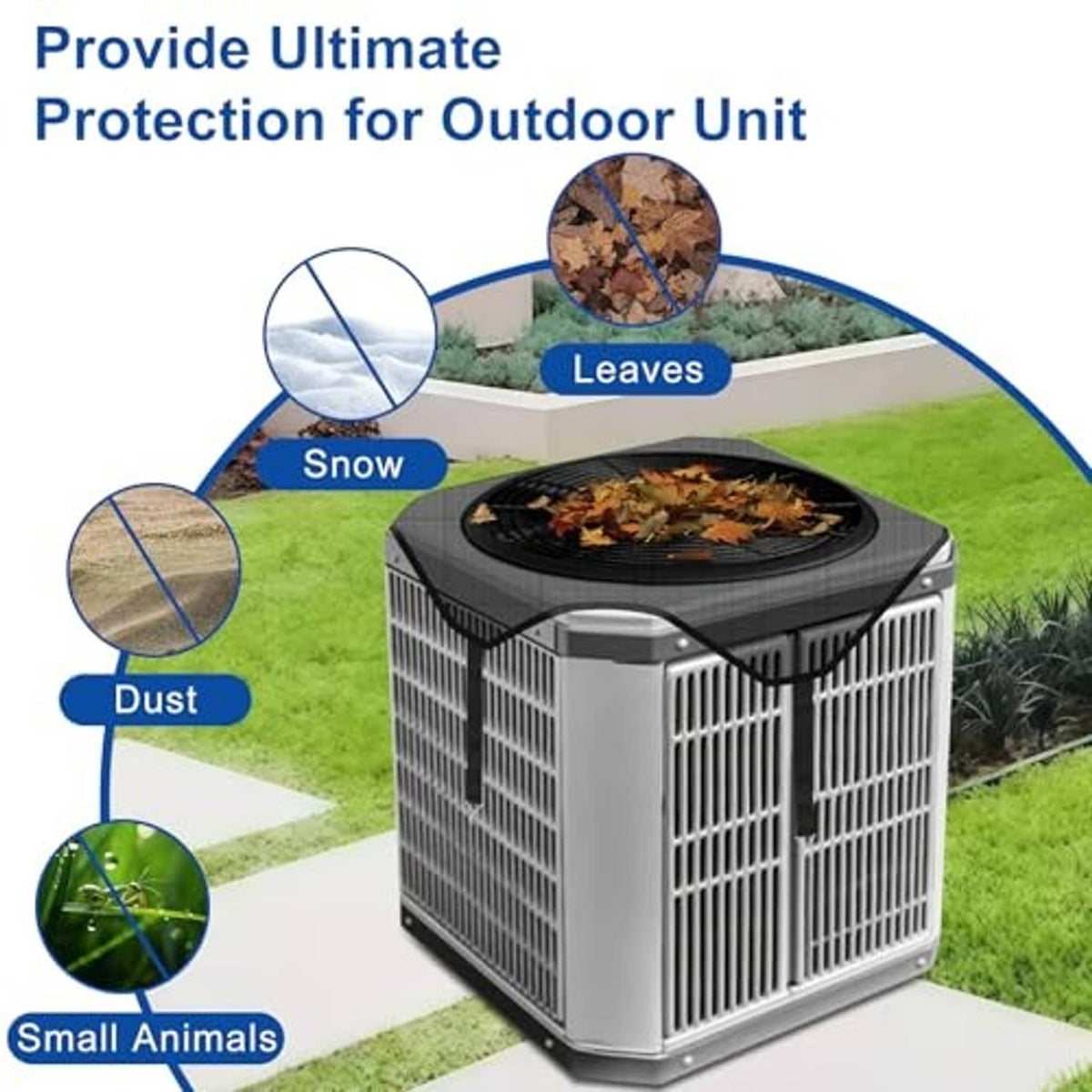 Black mesh AC unit cover over outdoor condenser with top vent opening