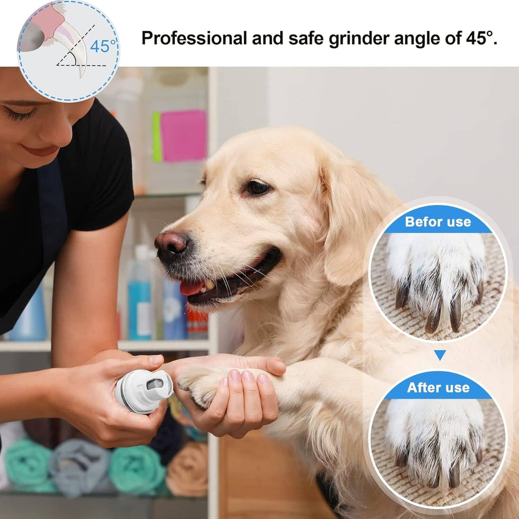Dog nail grinder used on a golden retriever paw with before-and-after view