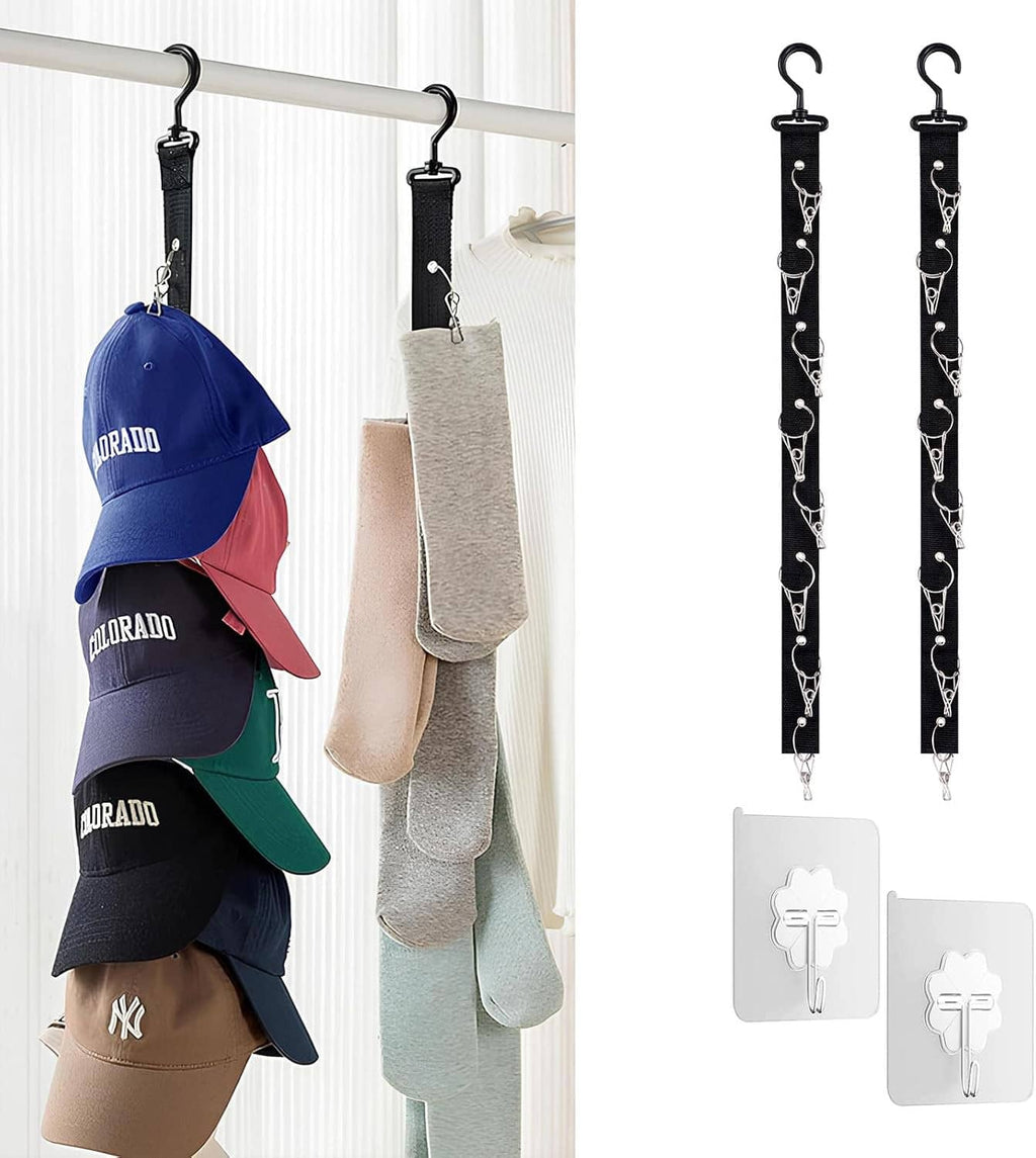 Door hat rack with hanging straps holding baseball caps and one pair of socks