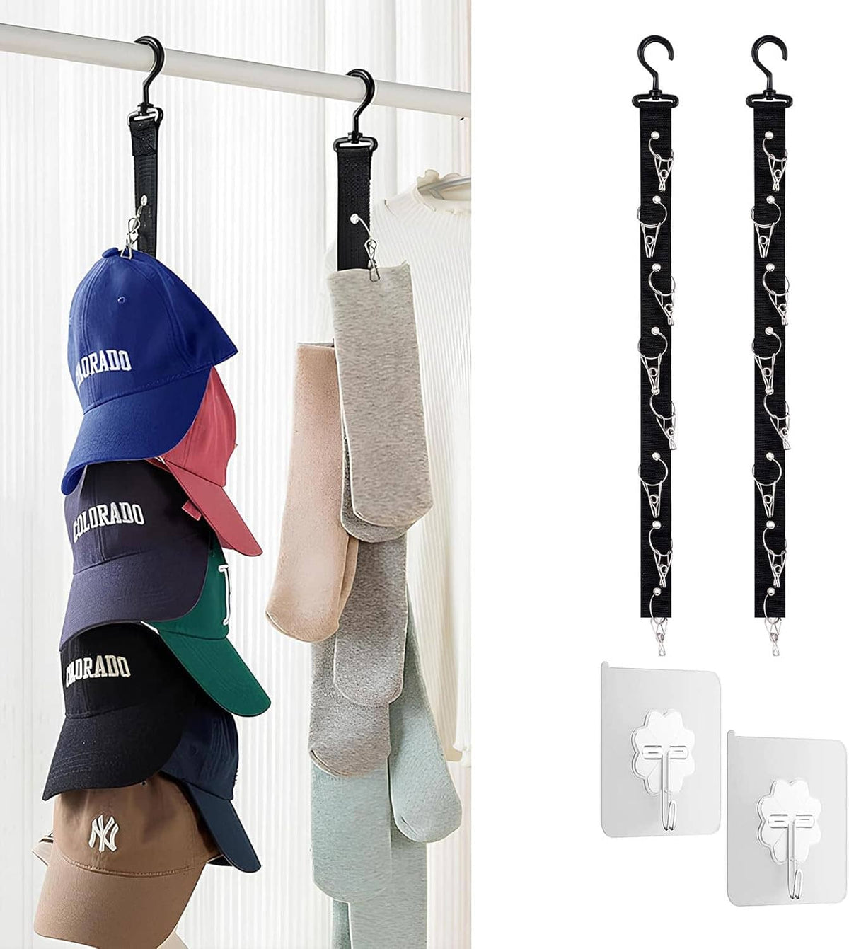 Door hat rack with hanging straps holding baseball caps and one pair of socks