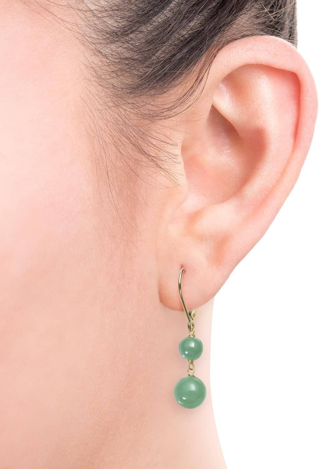 Green jade bead dangle earrings with leverback; three beads and gold hook detail