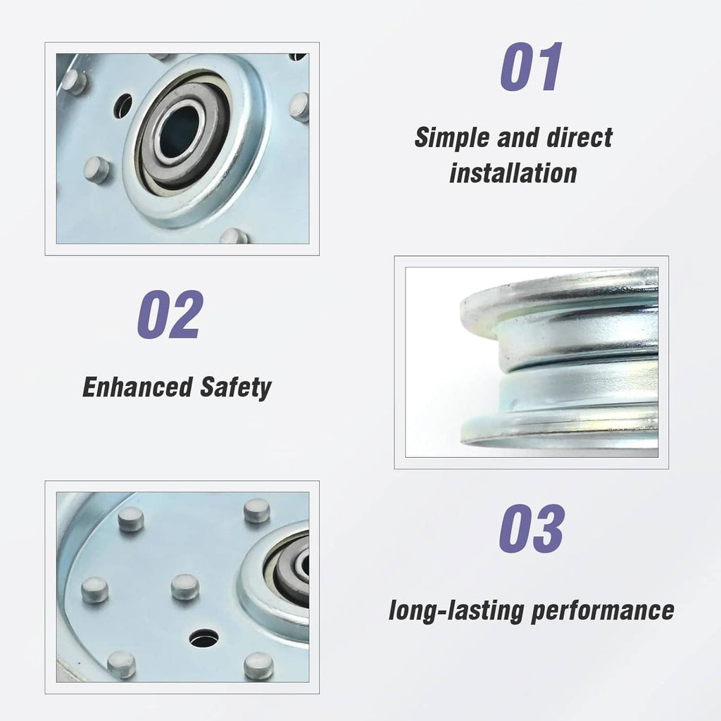 Idler pulley closeups showing the central bearing and metal rim layers