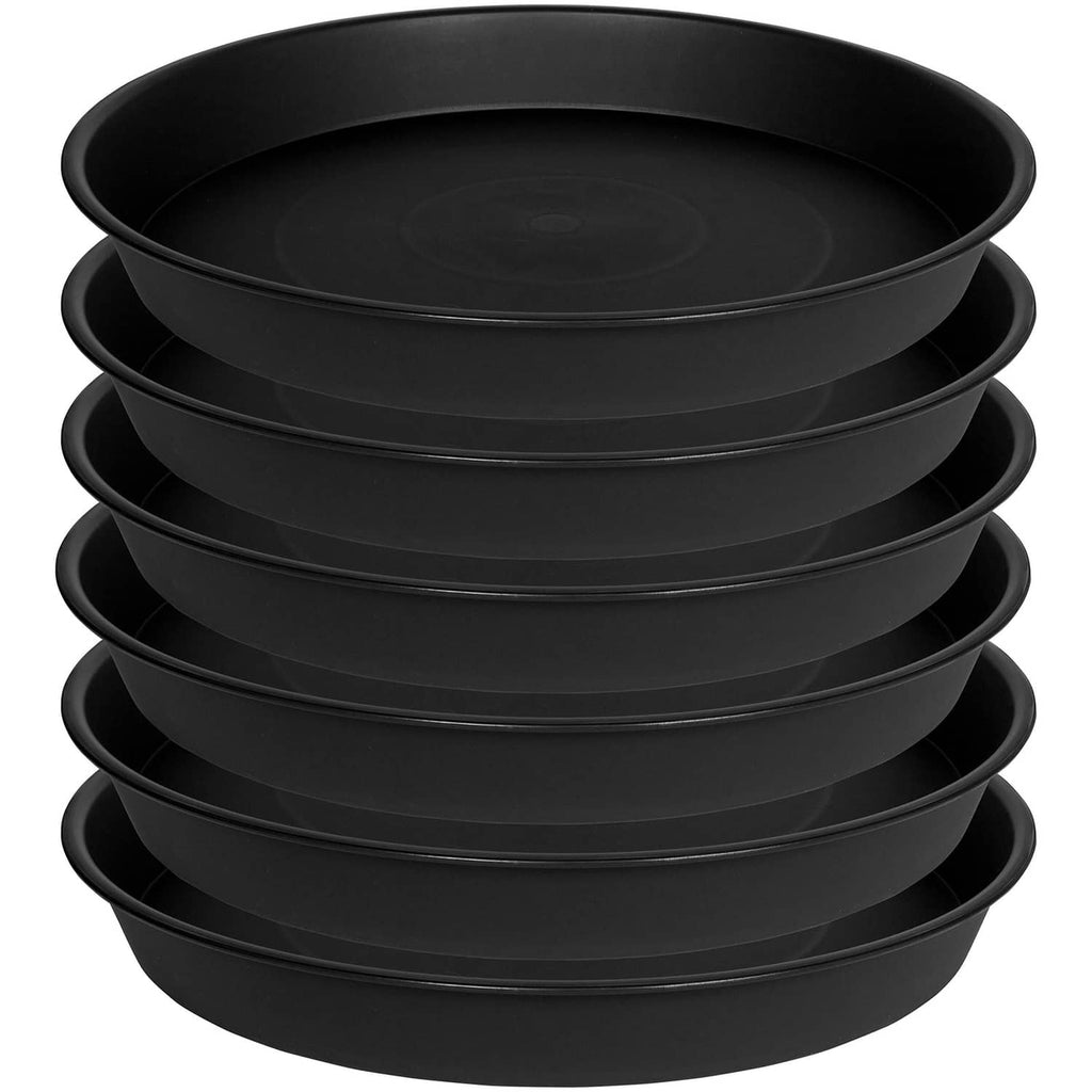 Black round plant saucer tray, set of 6 shallow trays for pot drainage.