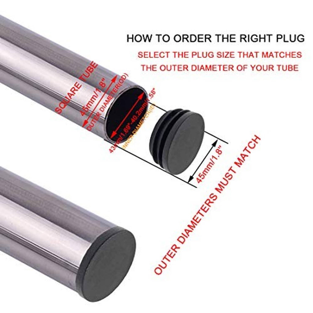 Black round plastic plug inserted on metal tube, 45mm outer size