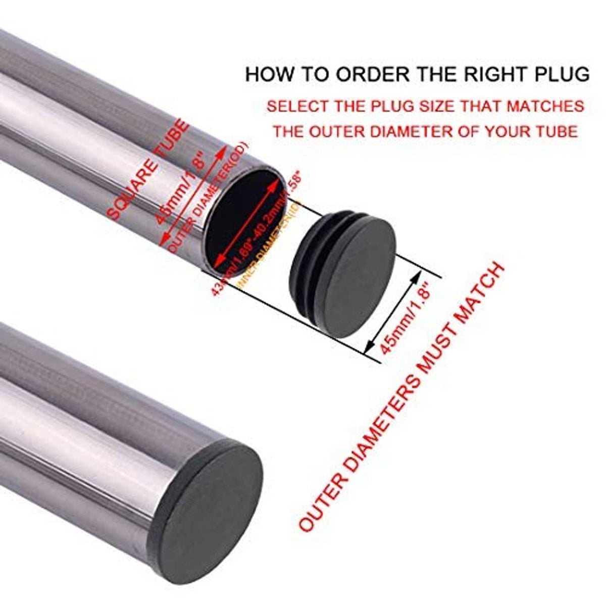 Black round plastic plug inserted on metal tube, 45mm outer size