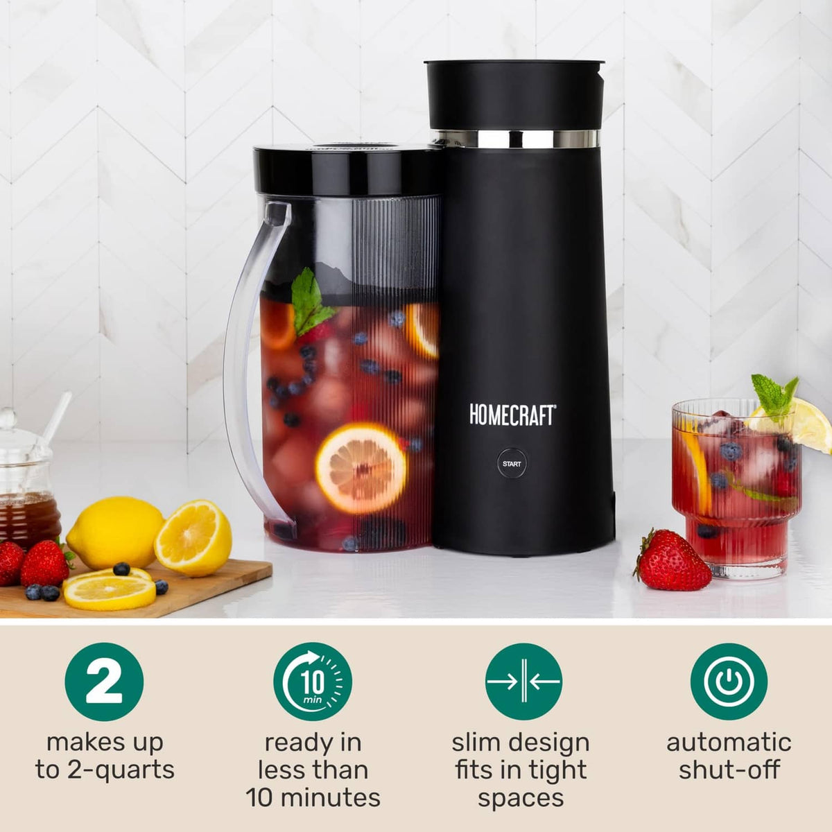 Black iced tea and cold brew maker with clear pitcher and glasses of infused drinks