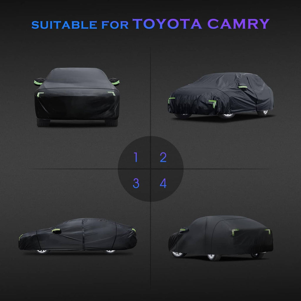 Black custom-fit car cover shown in multiple angles for full vehicle coverage
