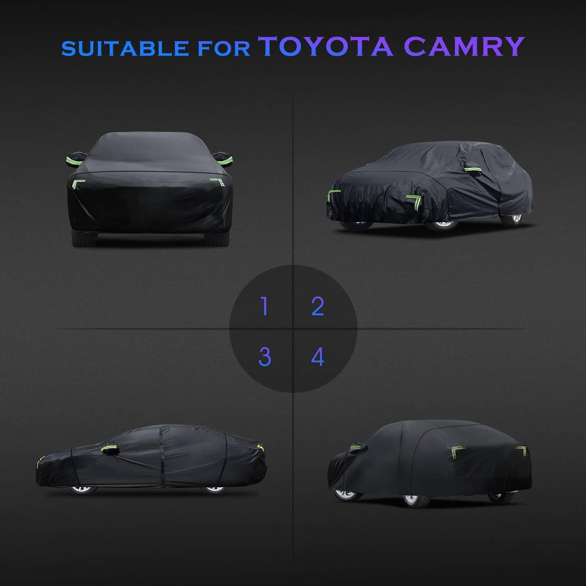 Black custom-fit car cover shown in multiple angles for full vehicle coverage