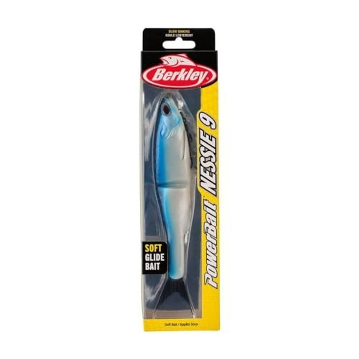 Berkley PowerBait soft glide bait package, blue fish lure