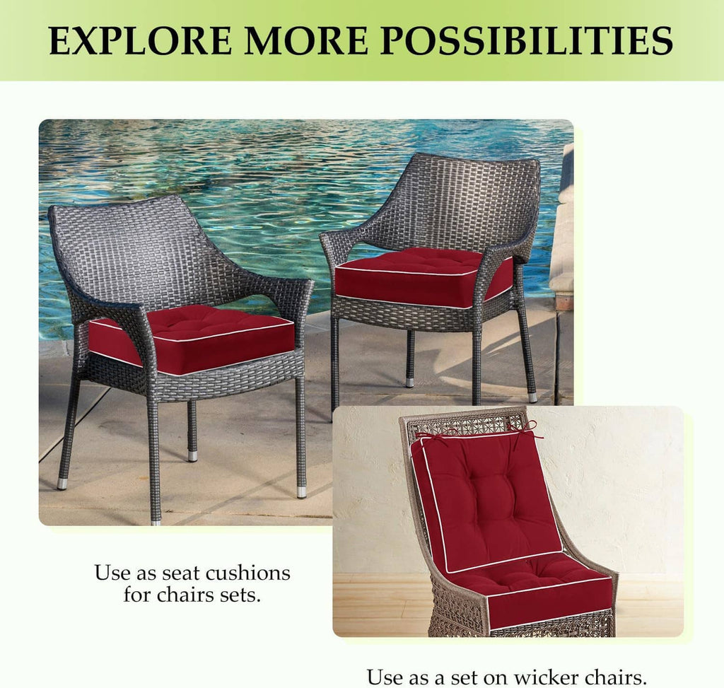 Red seat cushion set of 2 for outdoor chairs, shown as patio chair inserts