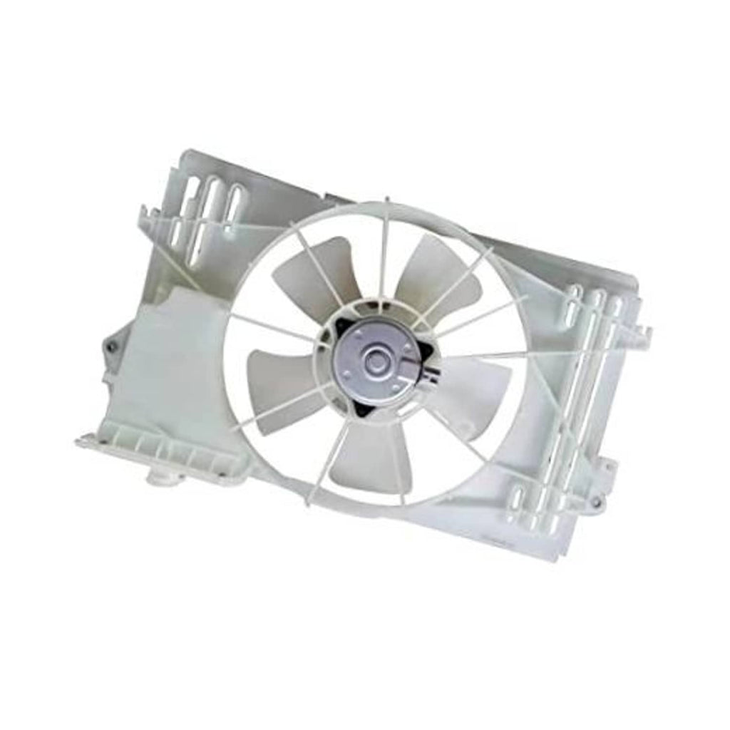 Radiator cooling fan assembly with multi-blade fan and light gray mounting frame