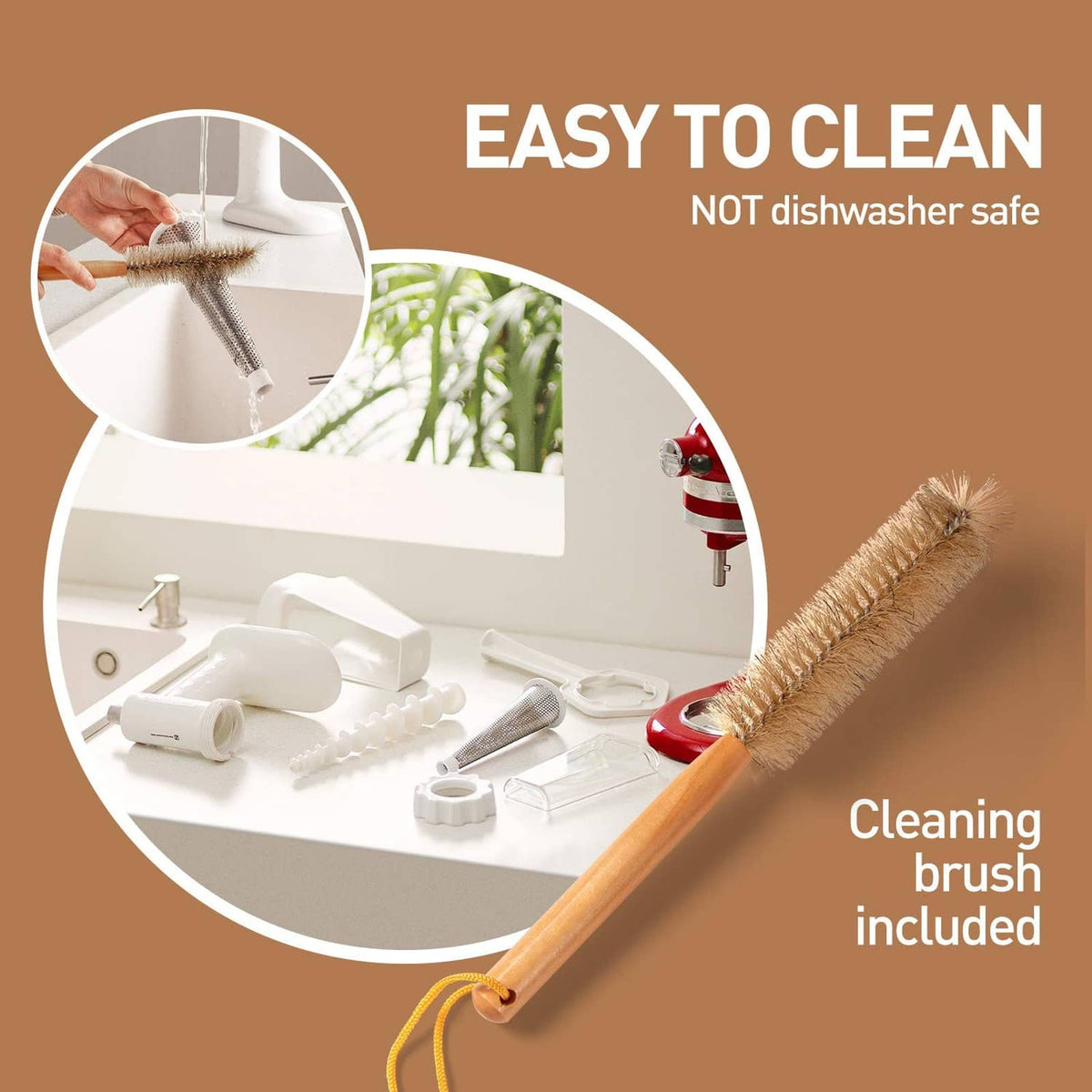 White strainer attachment parts with included cleaning brush accessory.