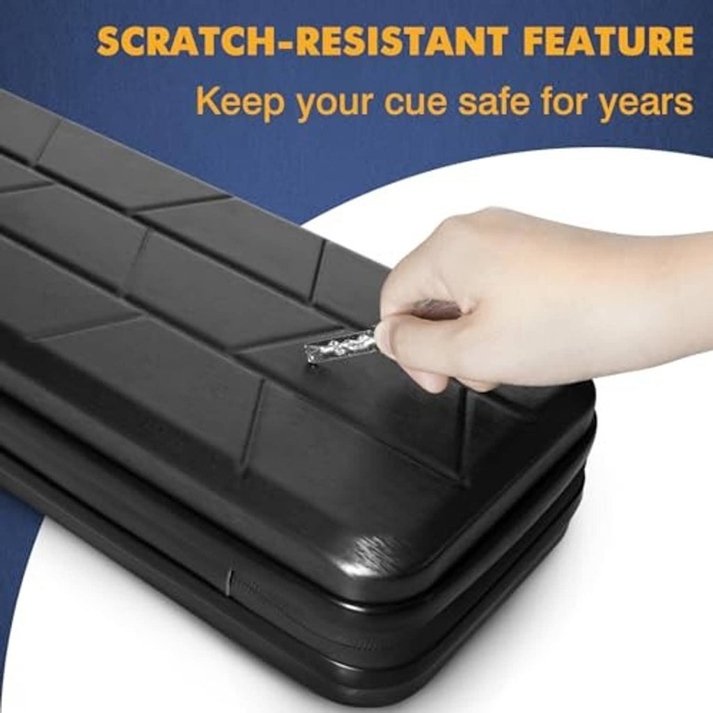Black hard shell pool cue case close-up of scratch-resistant latch and corner