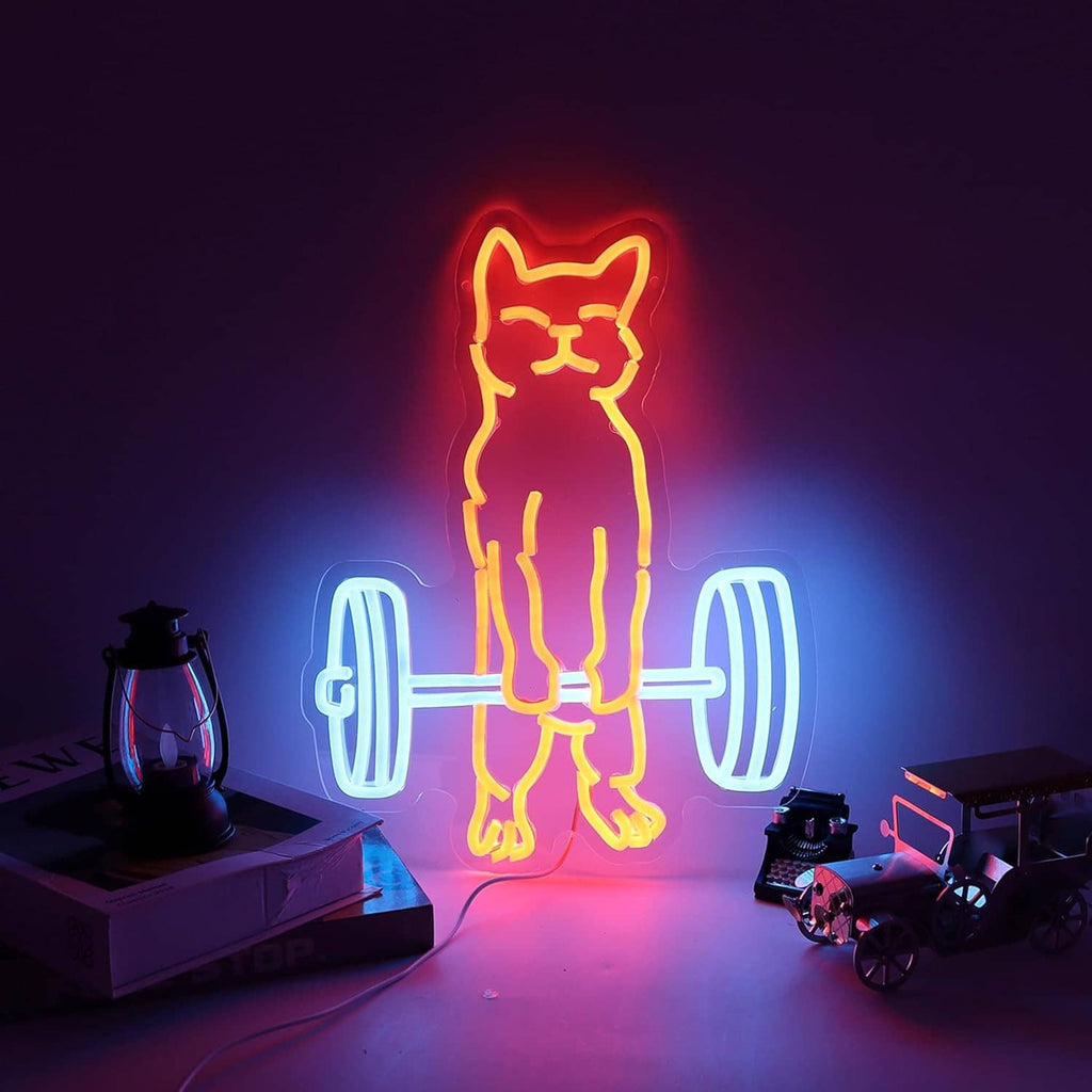 Neon cat lifting weights sign glowing orange with blue dumbbells, cat silhouette lifting bar