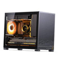 Black mini desktop PC case with tempered glass side window and vented mesh panel