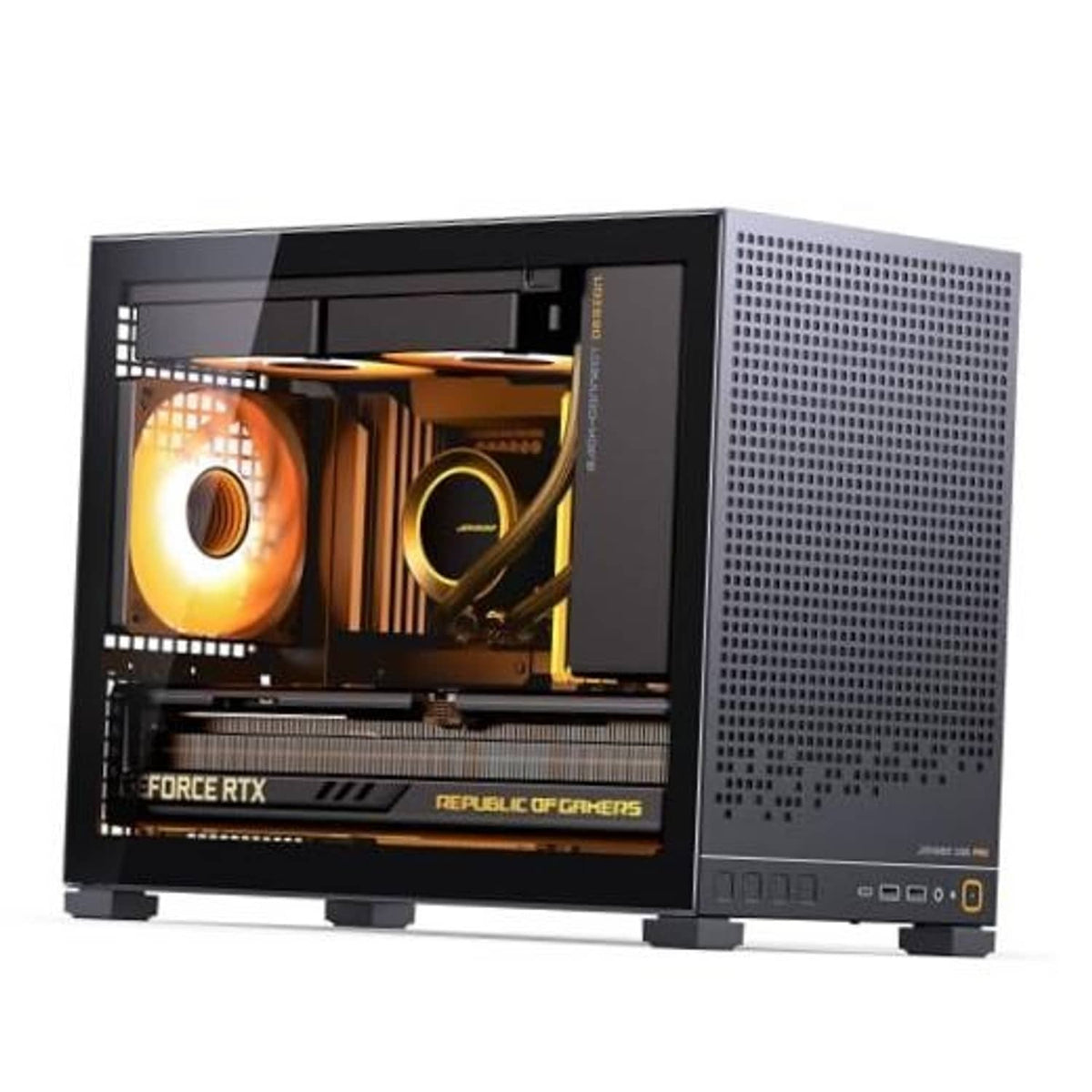 Black mini desktop PC case with tempered glass side window and vented mesh panel