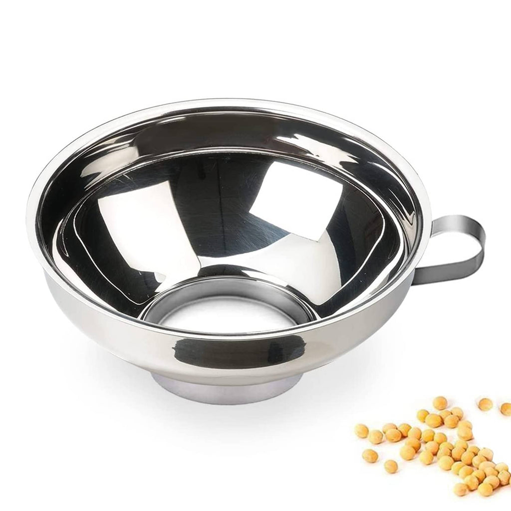 Stainless steel canning funnel with wide spout and side handle, shiny metal interior
