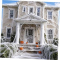 White fabric spider webbing draped over a house facade with orange jack-o-lanterns