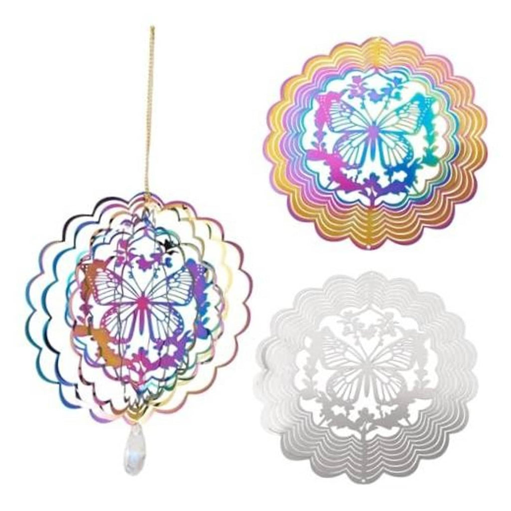 Butterfly wind spinners set with two layered stainless steel discs and hanging crystal drop