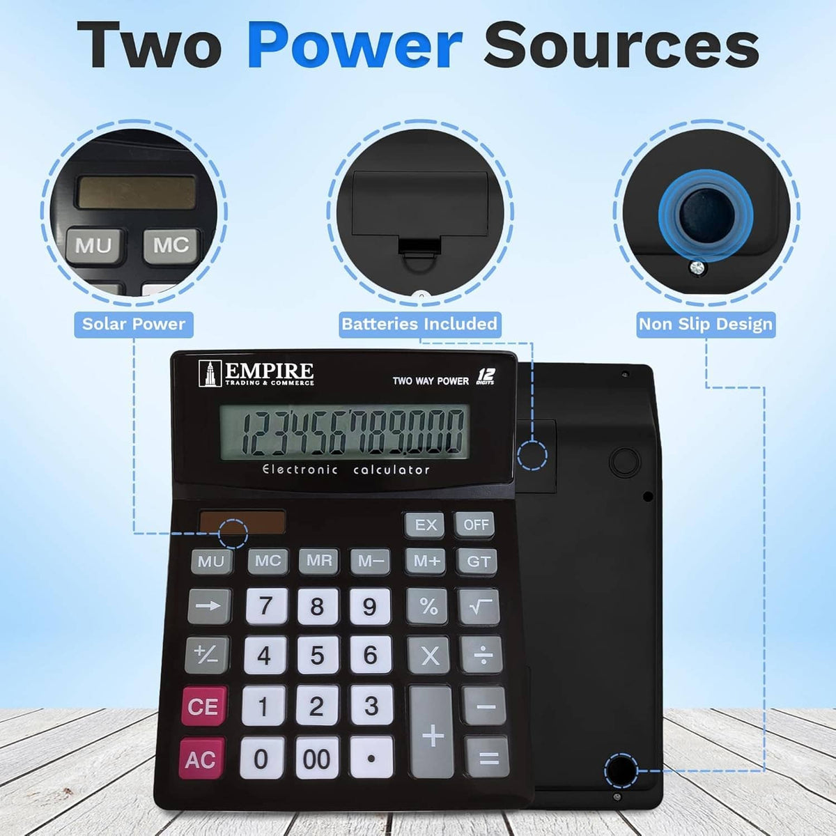 Electronic desk calculator with LCD display, function buttons, and keypad