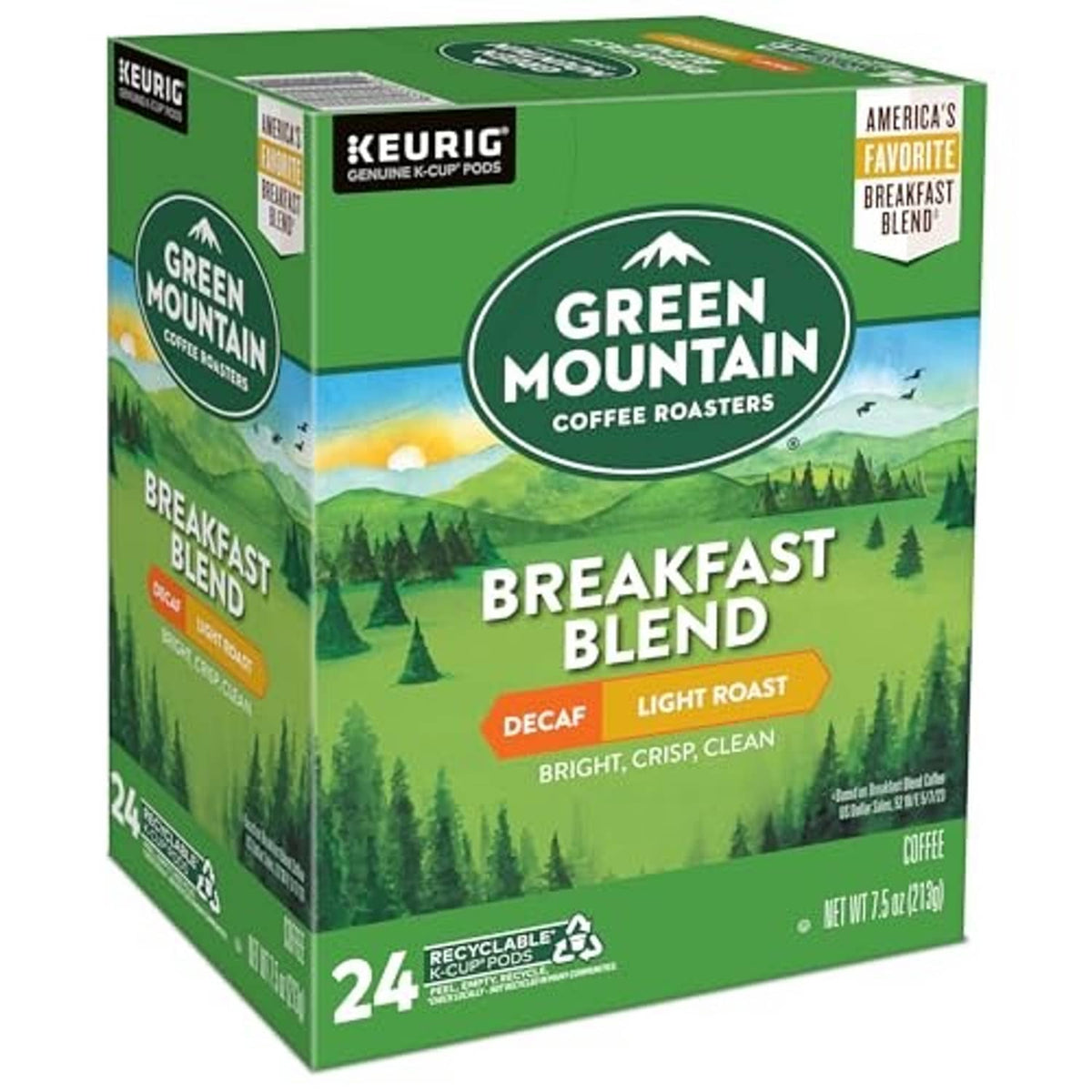 Green Mountain breakfast blend decaf Keurig coffee pod box, 24-count, light roast