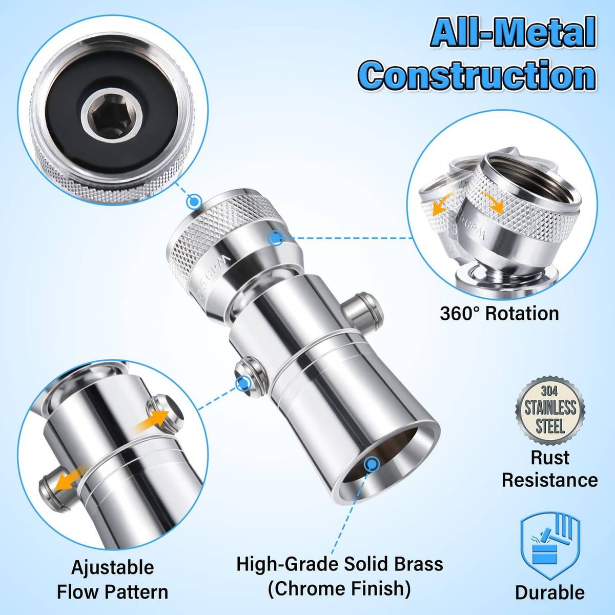 All-metal chrome pivoting shower head with 360° rotation and adjustable flow pattern