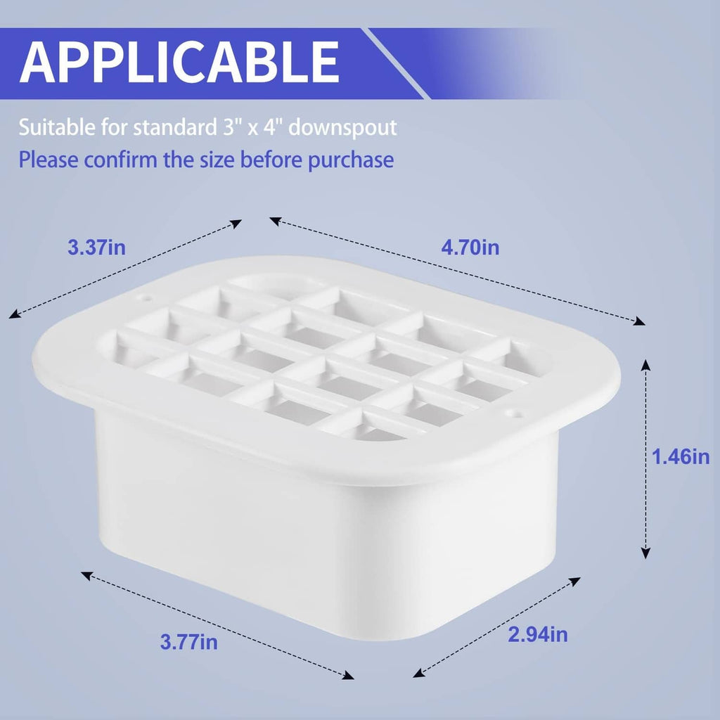 White downspout drop outlet filter with square top grille and side mounting holes