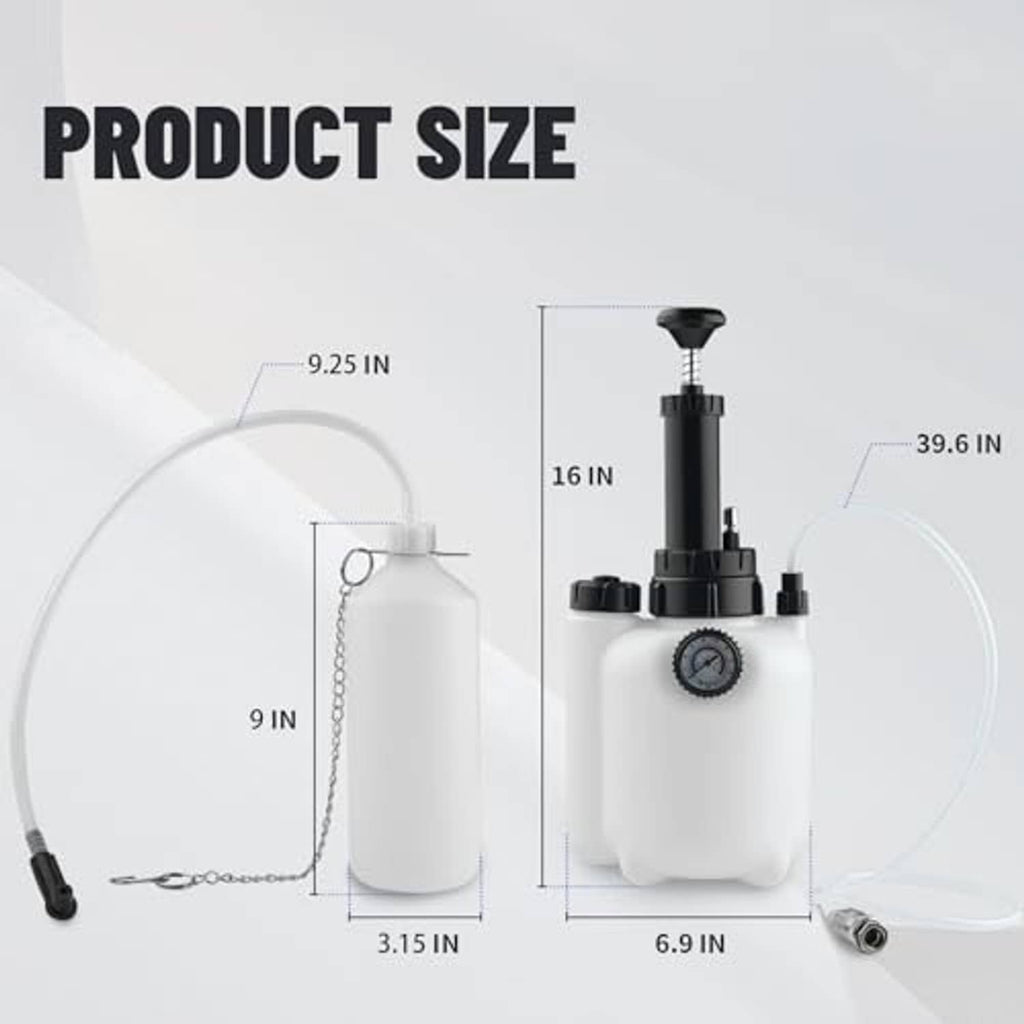 Brake bleeder vacuum pump kit with 3L bottle and hose, shown with product size