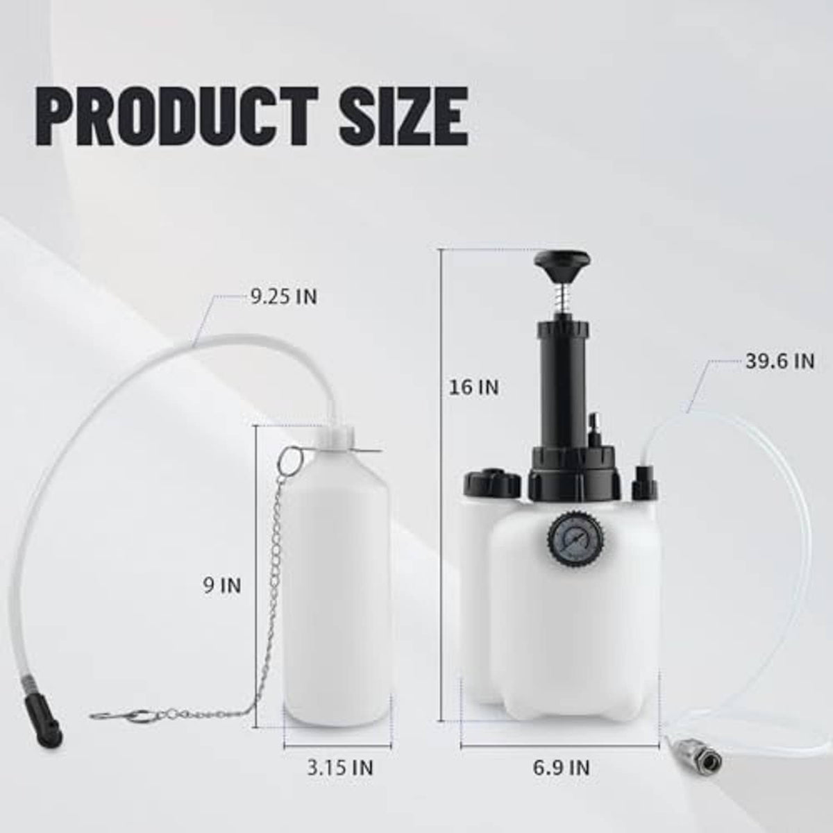 Brake bleeder vacuum pump kit with 3L bottle and hose, shown with product size