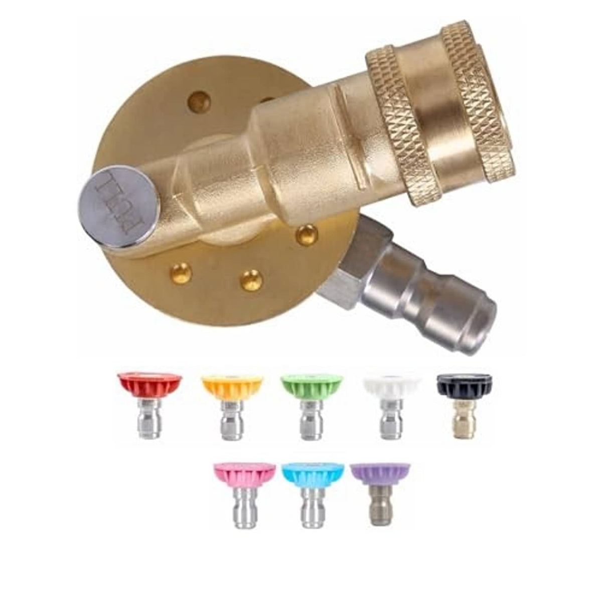 Pivoting brass pressure washer coupler with textured collar and 8 nozzle tips in colors