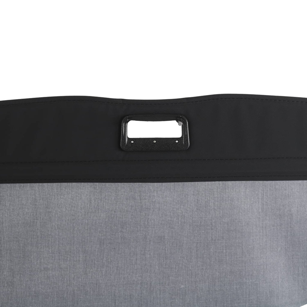 Retractable trunk cargo cover shade with handle cutout, gray panel and black trim