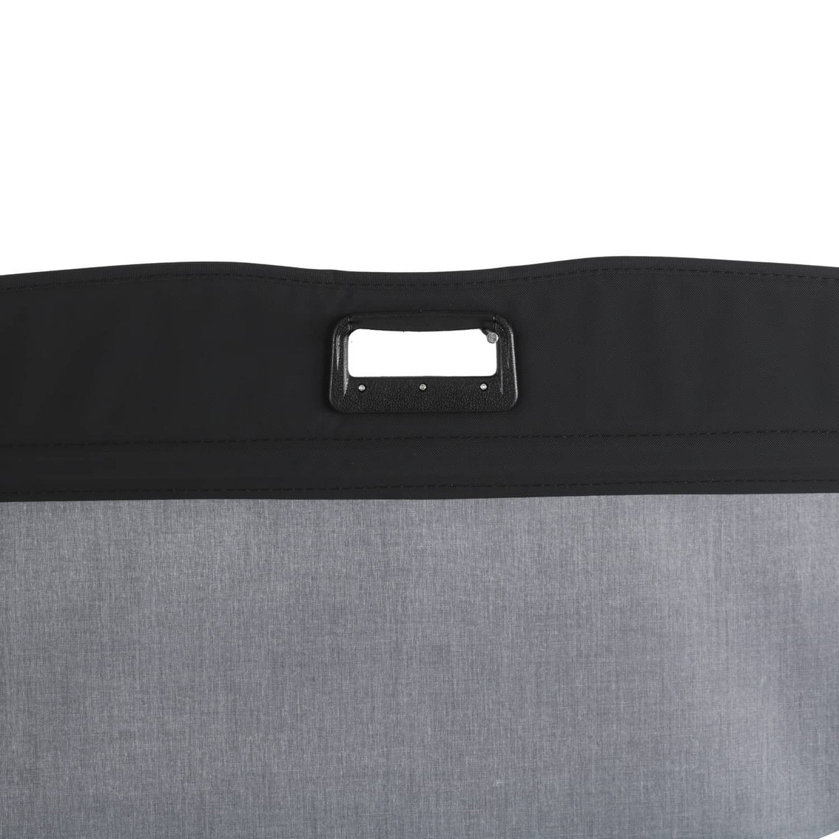 Retractable trunk cargo cover shade with handle cutout, gray panel and black trim