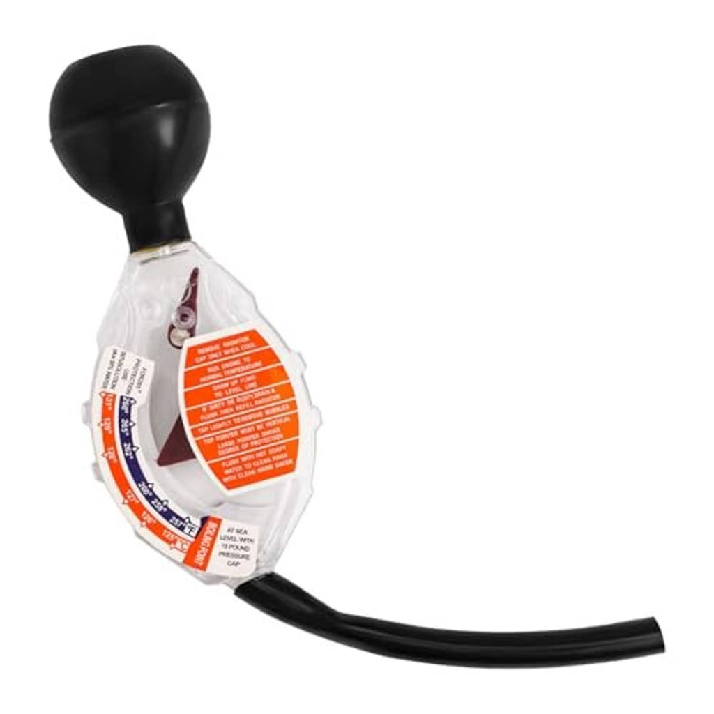 Antifreeze coolant tester with black bulb and long black hose, clear body with orange dial