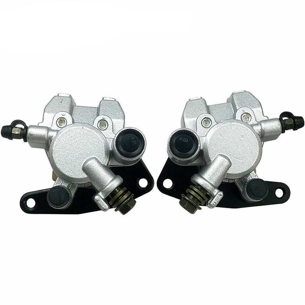 Front brake caliper pair, silver housings with black pads, boots, and side bolts