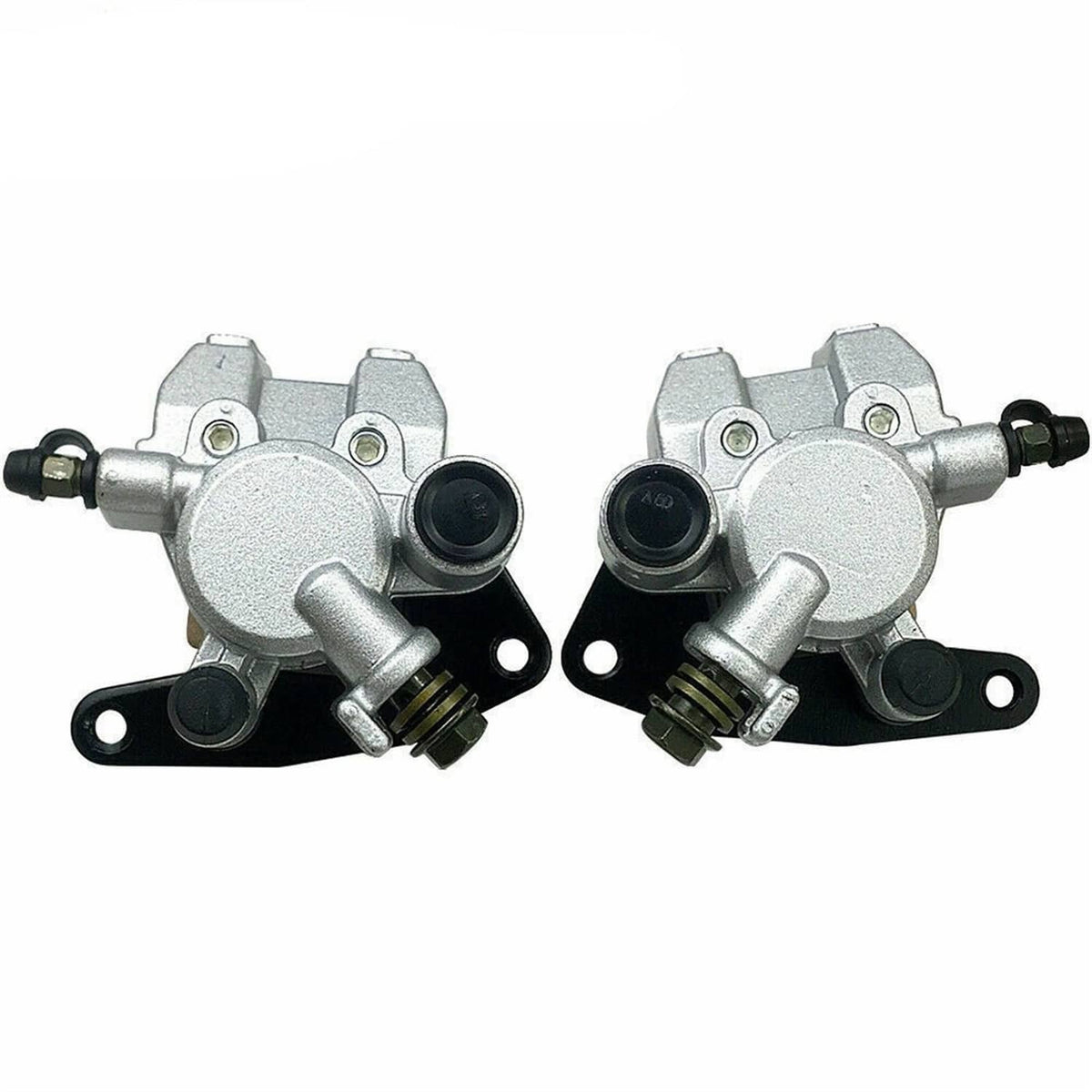Front brake caliper pair, silver housings with black pads, boots, and side bolts
